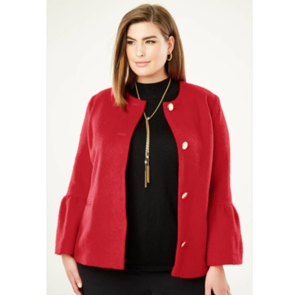 Jessica London Wool Button Down Jacket Bell Sleeve Red Coat - Picture 1 of 12